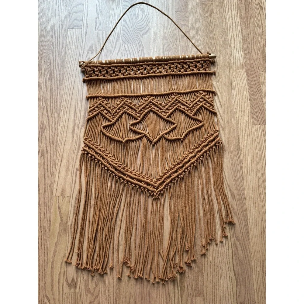 Large Boho Macrame Wall Hanging - Caramel Brown Woven Fiber Art - 32